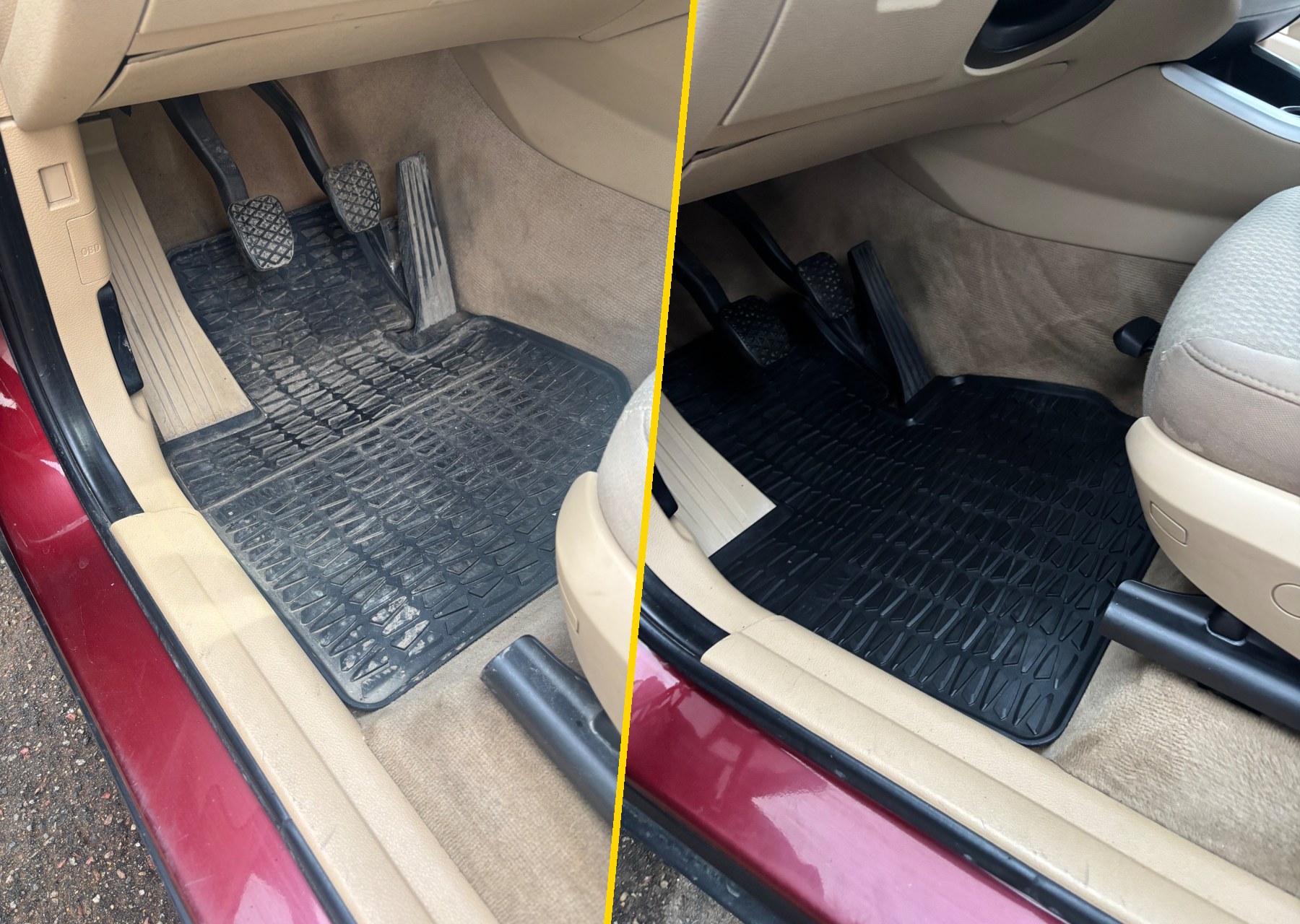 Före och efter: golvmattan i bilen före och efter invändig rekond